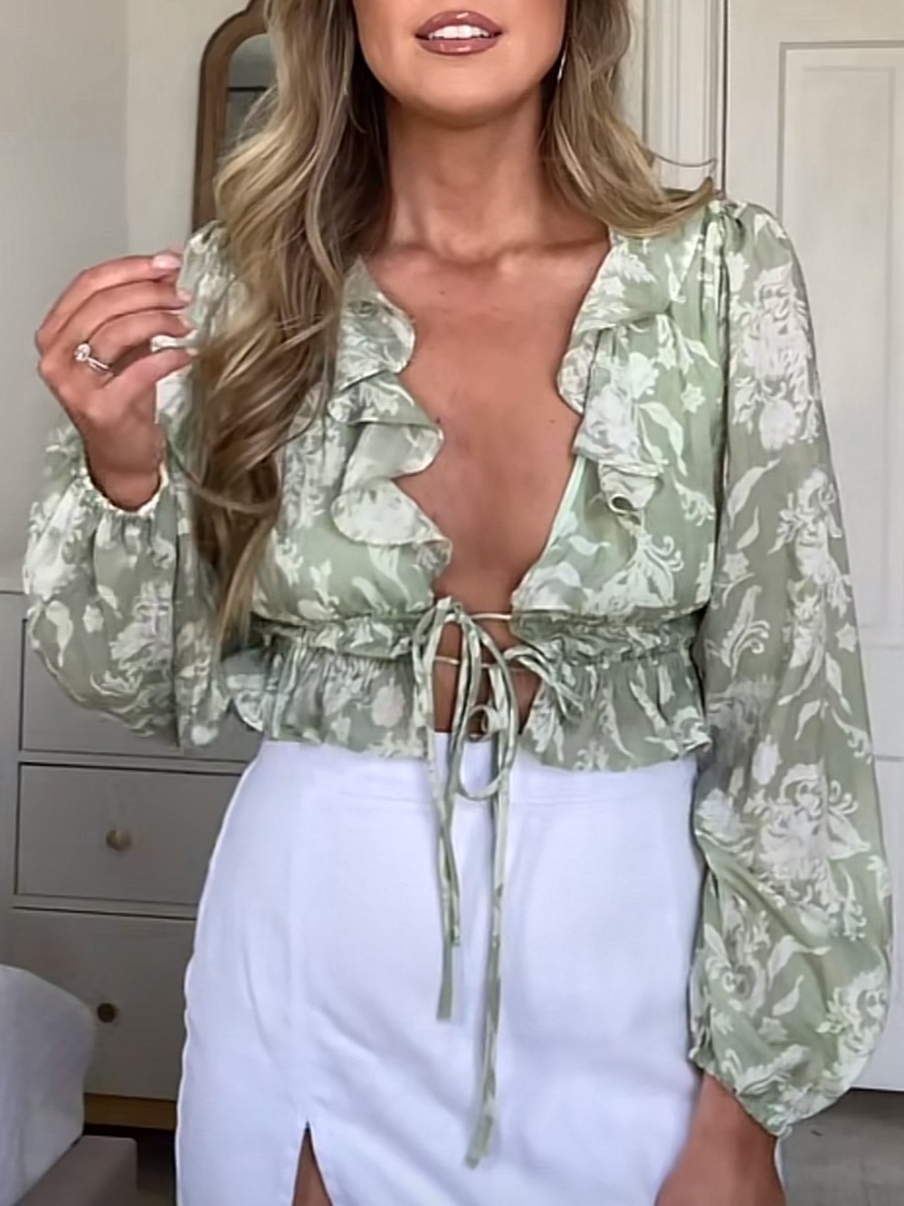 Endless Blue Green Ruffle Front Tie Top Small